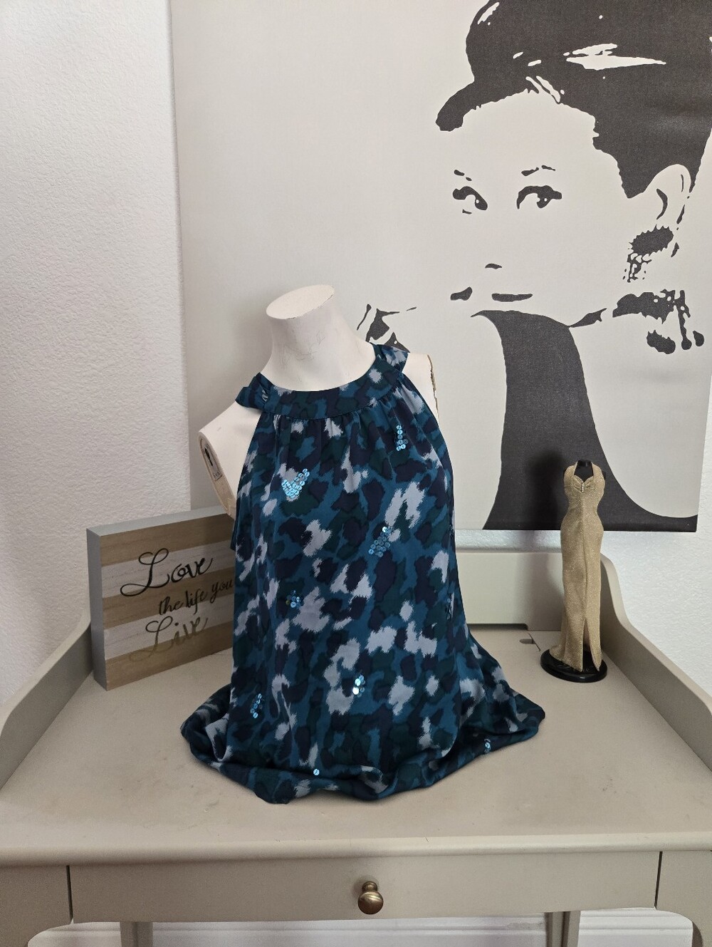 NWT Womens Apt. 9 Teal & Navy Halter Neck Sequin Detail Top Size Large